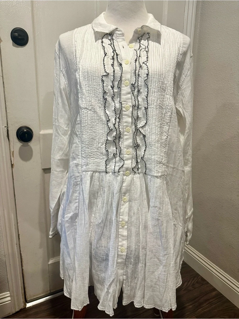 Free People White Ivory Tuxedo Ruffle-Front Shirt Dress Boho Chic Women’s L